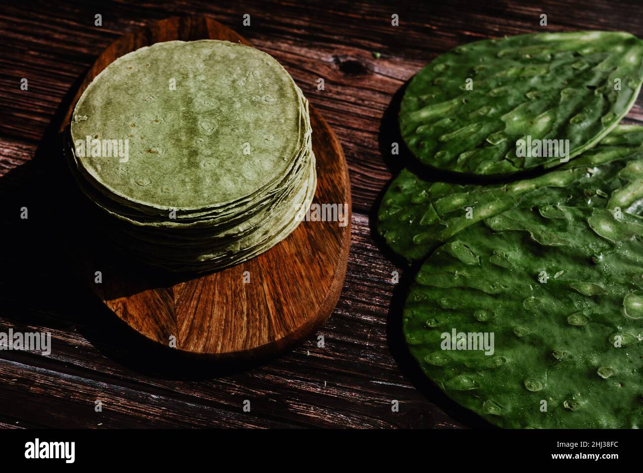 Mexican tortillas made with nopal in color green healthy vegan and organic food in Mexico Stock Photo