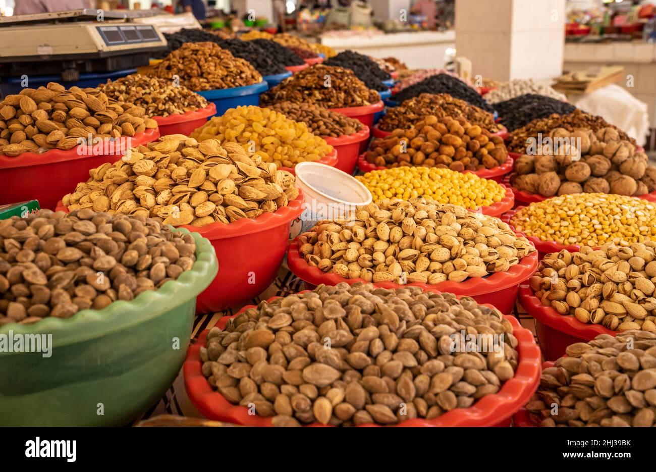 Dried fruits and nuts in Bukharan market Uzbekistan Stock Photo