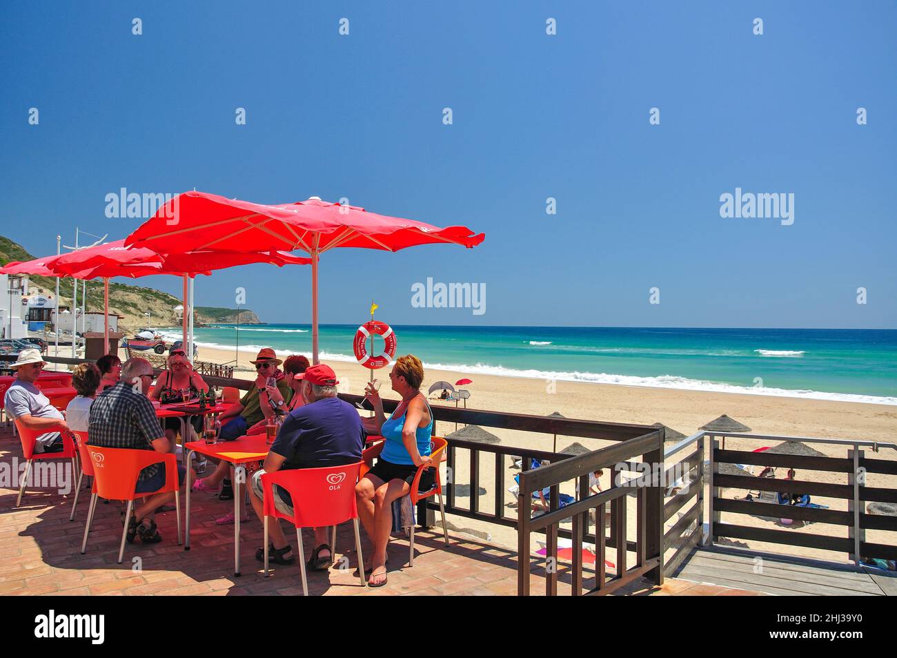 Promenade restaurant, Praia de Salema, Salema, Algarve Region, Portugal Stock Photo