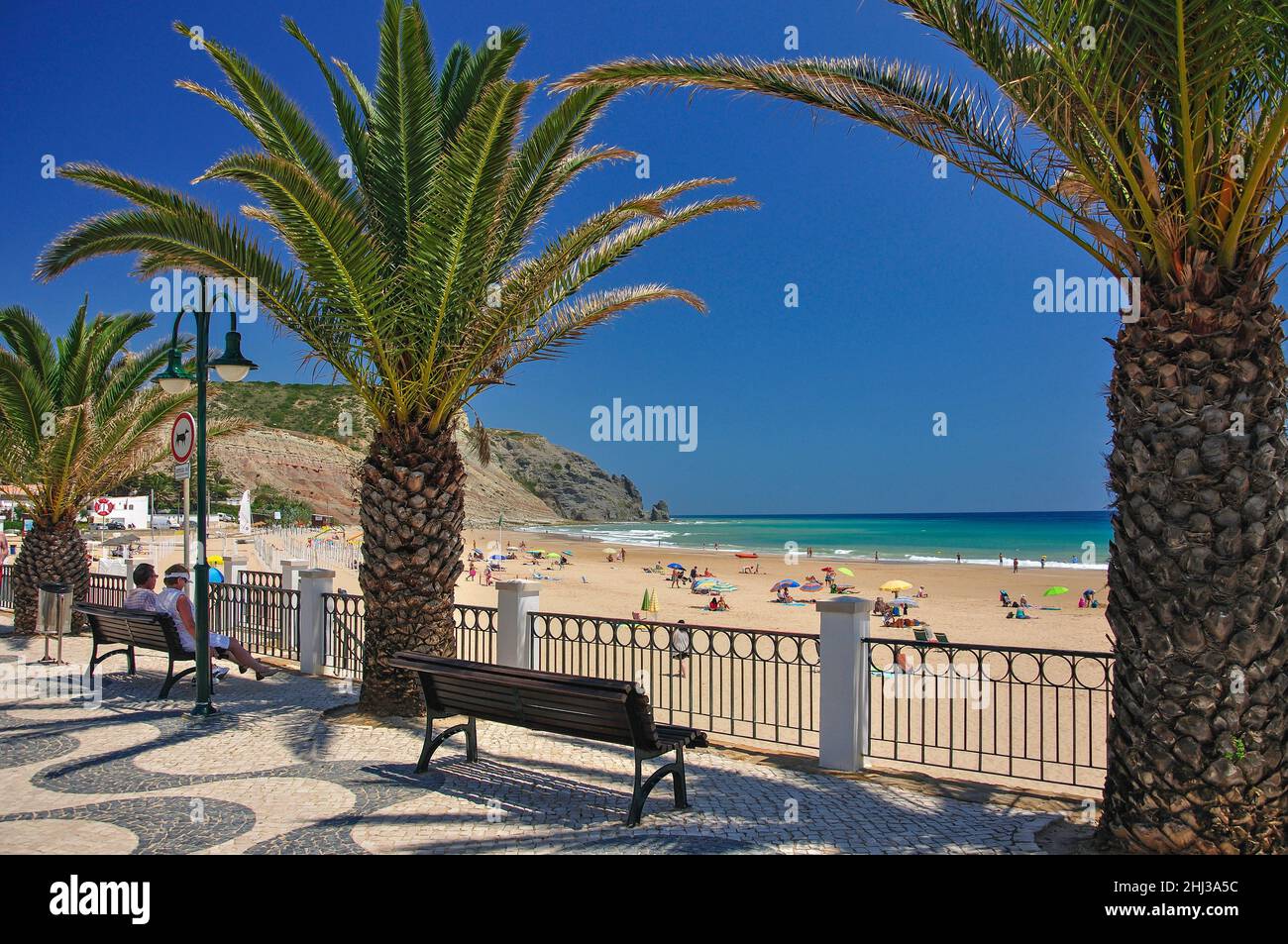 Beach promenade view, Praia da Luz, Algarve Region, Portugal Stock Photo