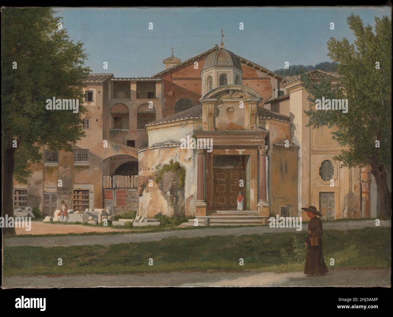 A Section of the Via Sacra, Rome (The Church of Saints Cosmas and Damian) ca. 1814–15 Christoffer Wilhelm Eckersberg Danish In Rome, between 1813 and 1816, Eckersberg produced a series of urban prospects remarkable for their scrupulously simple compositions and saturated hues. These studies were painted in repeated sittings before the motif in order to faithfully reproduce the effects of the Mediterranean sun on architectural ensembles. This frieze-like view depicts the fourth-century Temple of Romulus and Remus, which forms the vestibule of the sixth-century Church of Saints Cosmas and Damian Stock Photo