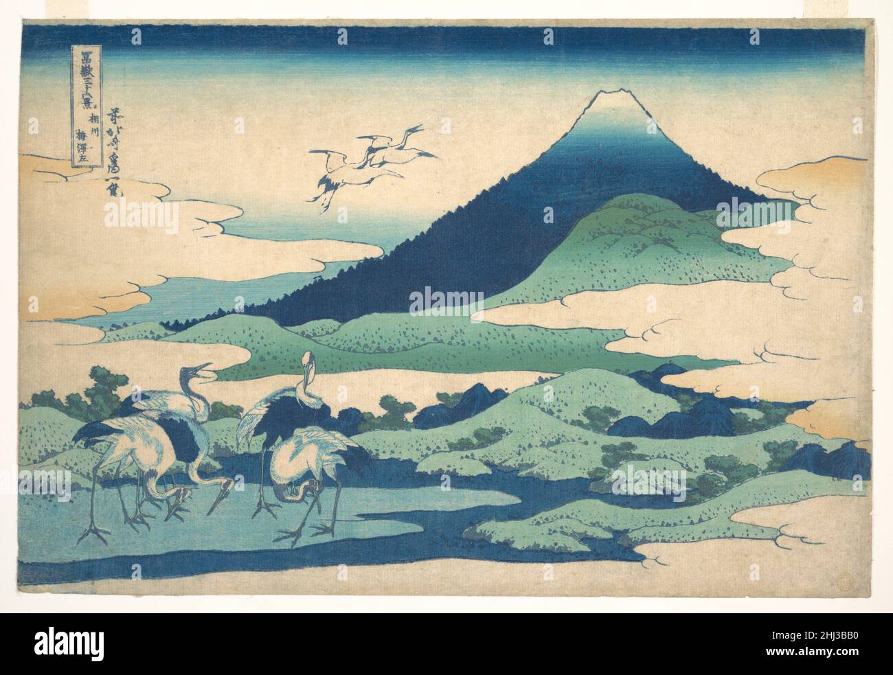 “Umezawa Manor in Sagami Province,” from the series Thirty-six Views of Mount Fuji (Fugaku sanjūrokkei, Sōshū Umezawa zai) ca. 1830–32 Katsushika Hokusai Japanese The aizuri technique combines undulating hills, soft clouds, and blue waters to create an image of great tranquillity. Entire devoid of human references, this print reveals the timeless quality of the Japanese landscape surrounding Fuji.. “Umezawa Manor in Sagami Province,” from the series Thirty-six Views of Mount Fuji (Fugaku sanjūrokkei, Sōshū Umezawa zai)  36501 Stock Photo