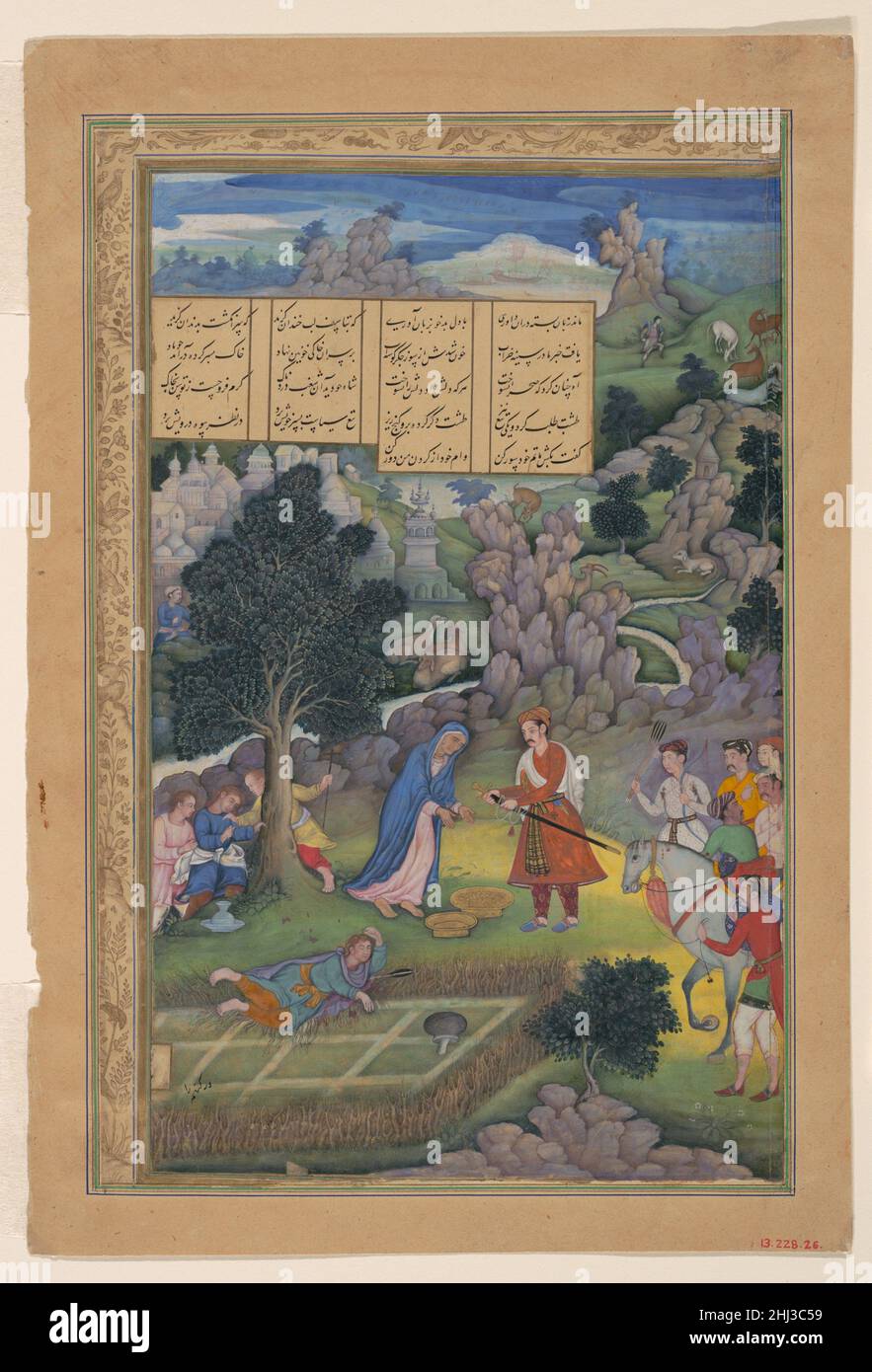 'A King Offers to Make Amends to a Bereaved Mother', Folio from a Khamsa (Quintet) of Amir Khusrau Dihlavi 1597–98 Amir Khusrau Dihlavi In this dramatic painting, a king submits to justice after having accidentally killed a shepherd while hunting. He offers the boy's grieving mother a choice: to take his sword and cut off his head, which will fall in the golden dish between them, or to accept the second dish filled with gold. Some of the marginal figures are of European inspiration, while the rocks are Persian and the main figures are typically Mughal.. 'A King Offers to Make Amends to a Berea Stock Photo