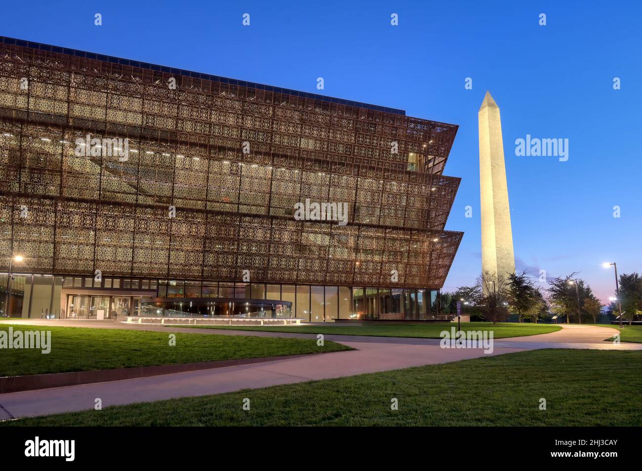 Washington, D.C. - October 13th, 2021: The Washington Monument and The Smithsonian's National Museum of African American History and Culture on the Na Stock Photo