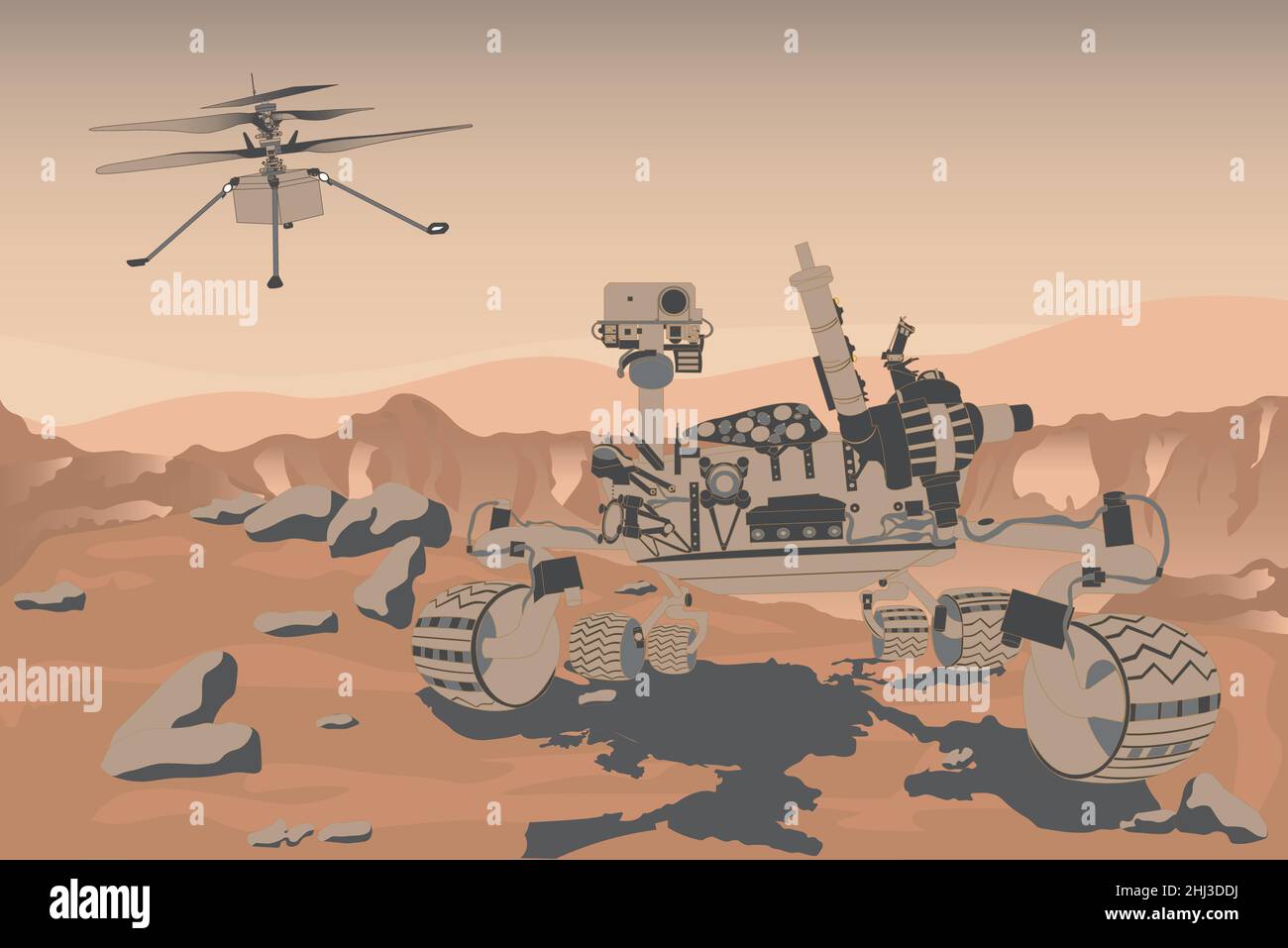 Mars rover curiosity and helicopter ingenuity on the Mars surface with rocks and sand and mountains on the background. Mars exploration concept. Vecto Stock Vector