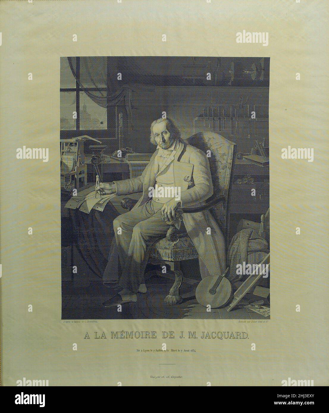 Joseph Marie Jacquard 1839 Didier, Petit et Cie Joseph-Marie Jacquard (1752–1834) invented the Jacquard mechanism, a patterning device than, when attached to a loom, made it practical to weave more detailed designs than were previously possible. This woven silk portrait of the inventor is based on a painting by Claude Bonnefond (1796–1860) that was commissioned by the city of Lyon in 1831. The Lyon manufacturer Didier, Petit et Cie ordered the silk version from weaver Michel-Marie Carquillat, who became a specialist in this kind of work. The Museum owns another woven picture after a painting b Stock Photo