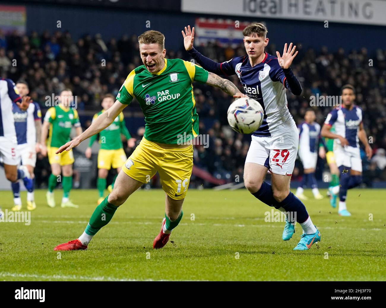 West Bromwich, England, 26th January 2022.   Emil Riis Jakobsen of Preston North End goes down in the penalty area after a challenge by Taylor Gardner-Hickman of West Bromwich Albion during the Sky Bet Championship match at The Hawthorns, West Bromwich. Picture credit should read: Andrew Yates / Sportimage Credit: Sportimage/Alamy Live News Stock Photo