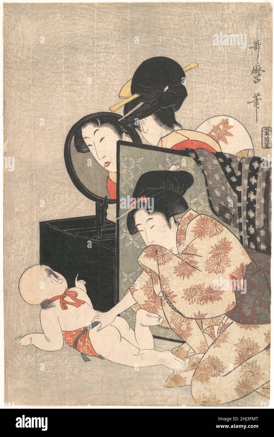 Mother and Child ca. 1793 Kitagawa Utamaro Japanese Utamaro composed this image with considerable skill and humor, creating a circular movement through gazes and gestures. The mother, seated behind a freestanding screen, sticks out her tongue at her child. When the child responds to her reflection with an outstretched hand, another woman reacts with laughter and grasps the child's belt.. Mother and Child  54865 Stock Photo