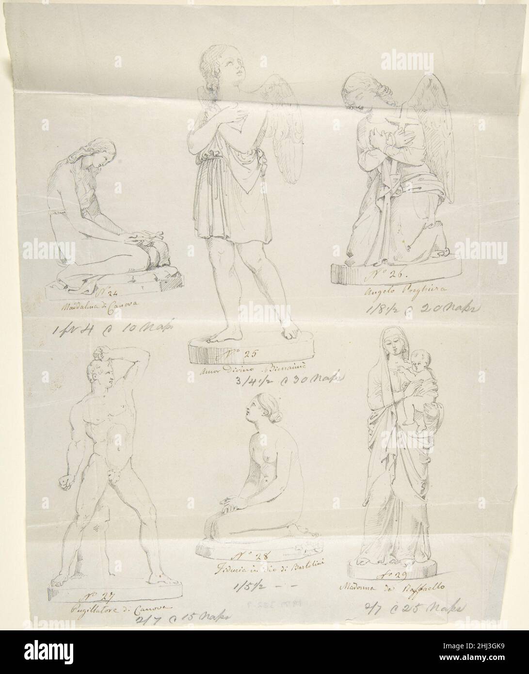 Sketches of Six Statues Magdalen by Canova, Divine Love by Bienaimé
