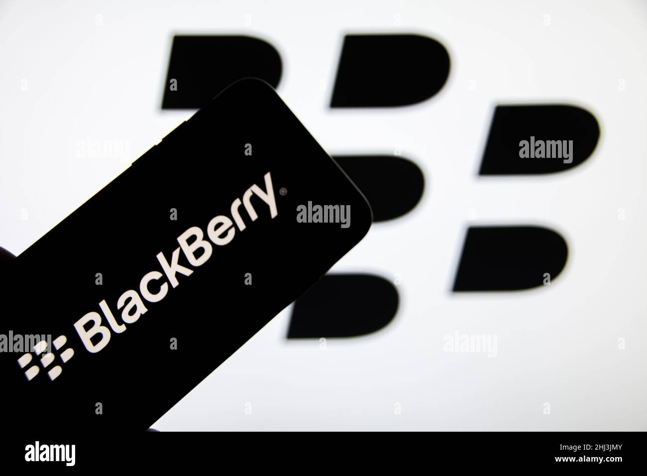 Rheinbach, Germany  14 November 2021,  The brand logo of the Canadian software manufacturer 'Blackberry' on the display of a smartphone Stock Photo