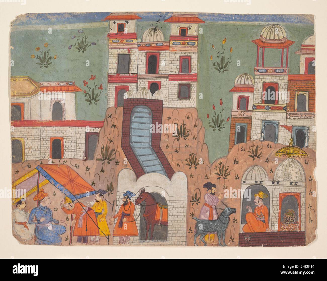 A Raja Receives Homage Outside the City: Page from a Dispersed Manuscript last quarter of the 17th century India (Punjab Hills, Bilaspur) This page from an unidentified Hindu chronicle of a king depicts a mountain city with typical multistoried hill architecture atop abstract mounds strewn with clumps of flowers. Outside the gates on the right is a Saivite shrine with a lingum covered by floral offerings to which a goat is led, probably for sacrifice. At the left, courtiers pay their respects to the king under a pavilion. The flat treatment of space; the thin beige, green, and blue coloring; a Stock Photo