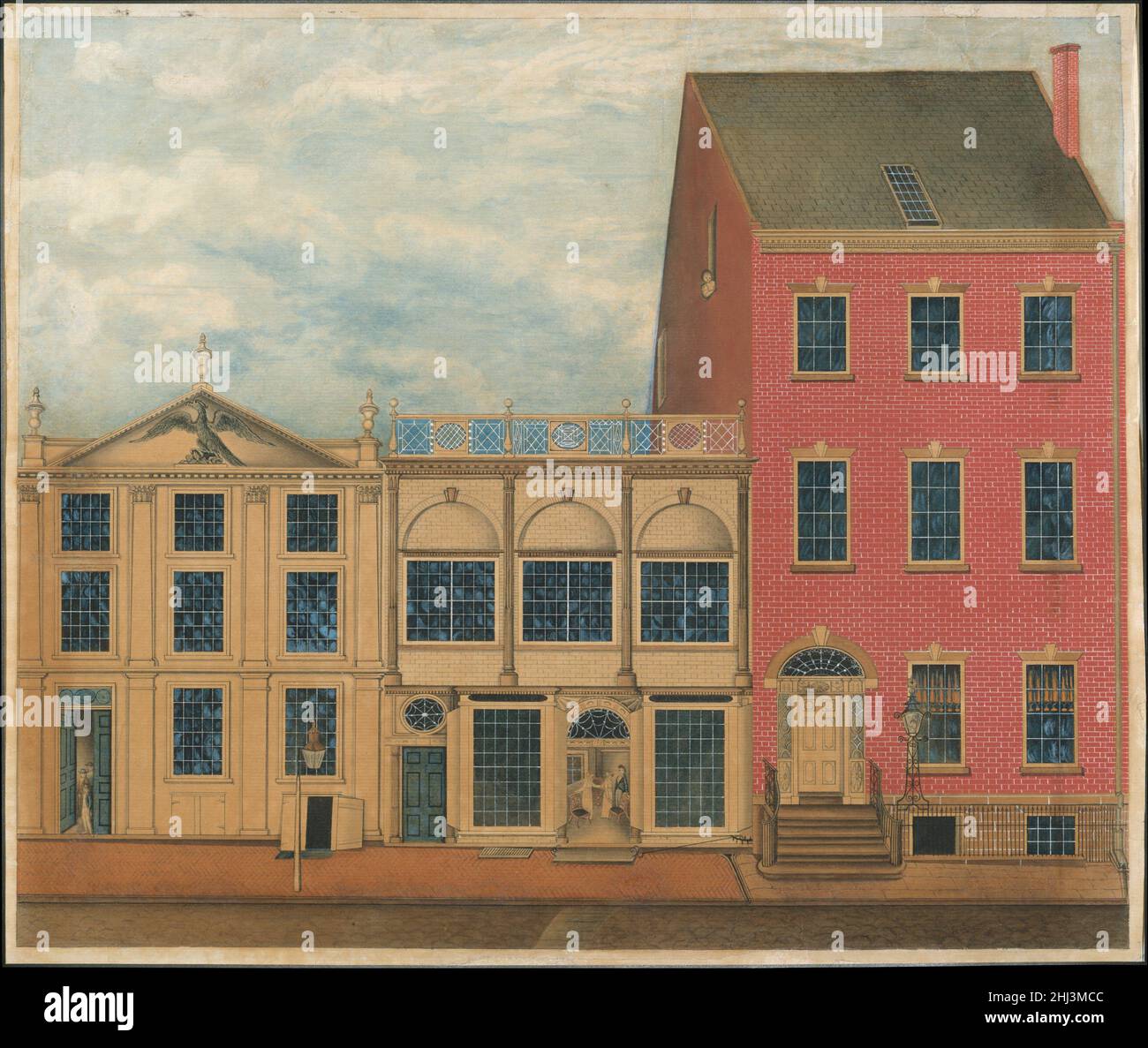 Shop and Warehouse of Duncan Phyfe, 168–172 Fulton Street, New York City 1817–20 American For many years this watercolor had been attributed to the New York portrait and landscape watercolorist John Rubens Smith. More recent scholarship suggests that the artist was an amateur--perhaps even an employee of Phyfe’s shop--familiar with engraved images of manufactories and shops of the kind printed on business cards and furniture labels and in newspaper advertisements. The picture corresponds almost precisely to such imagery, for example, in the way the buildings completely fill the picture space a Stock Photo