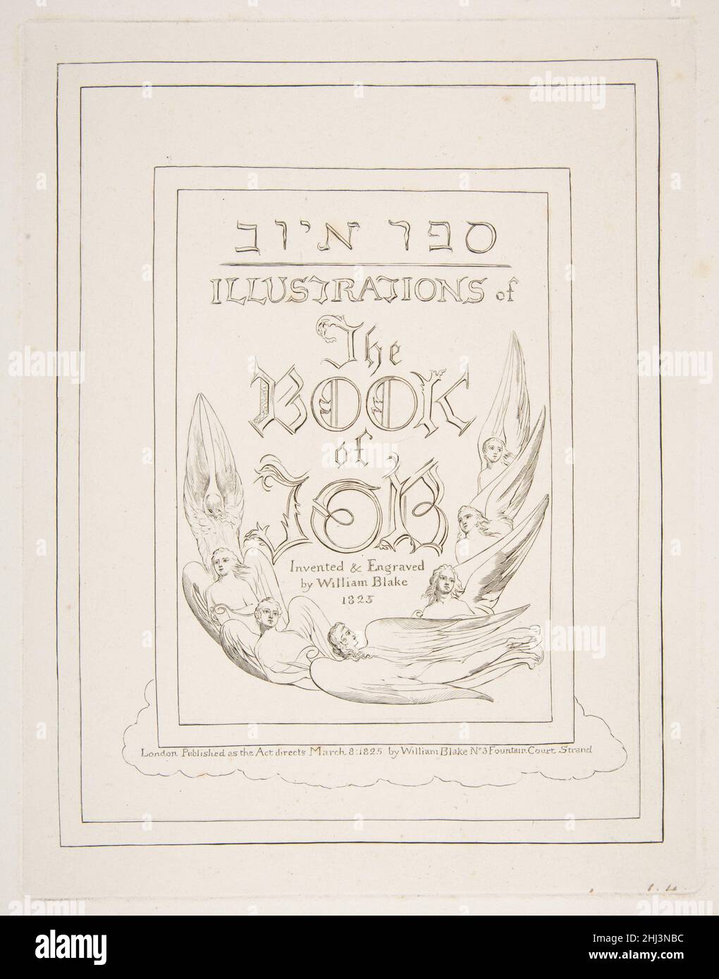 Title Page: Illustrations of the Book of Job 1825–26 William Blake British. Title Page: Illustrations of the Book of Job  383462 Artist: William Blake, British, London 1757?1827 London, Publisher: Published by William Blake, British, London 1757?1827 London No. 3 Fountain Court, Strand, Title Page, from Illustrations of the Book of Job, 1825?26, Engraving, plate: 8 1/4 x 6 3/8 in. (21 x 16.2 cm) sheet: 16 1/8 x 10 7/8 in. (41 x 27.6 cm). The Metropolitan Museum of Art, New York. Gift of Edward Bement, 1917 (17.17.1?22) Stock Photo