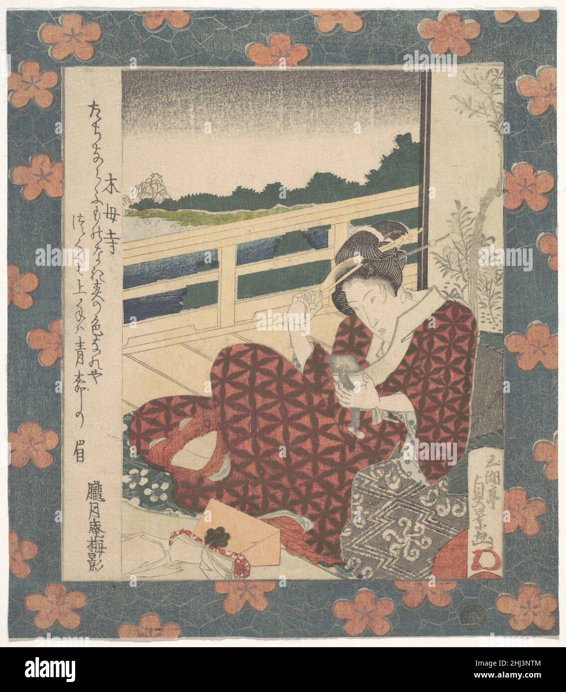 Beauty Looking at Her Image in a Mirror ca. 1840 Utagawa Sadakage Japanese Sadakage, a pupil of Utagawa Kunisada, worked first in Edo and later in Osaka. He specialized in the theme of graceful women. Here, a woman is readjusting her coiffure after meeting a customer. The suggestive spring poem by Rōgatsuan Baiei in the long, rectangular label at the left is entitled 'Mokuboji,' after a temple whose grounds are famous both for the grave of the abducted child Umewakamaru from the Noh play Sumidagawa and for their cherry blossoms and willow trees.. Beauty Looking at Her Image in a Mirror  54423 Stock Photo
