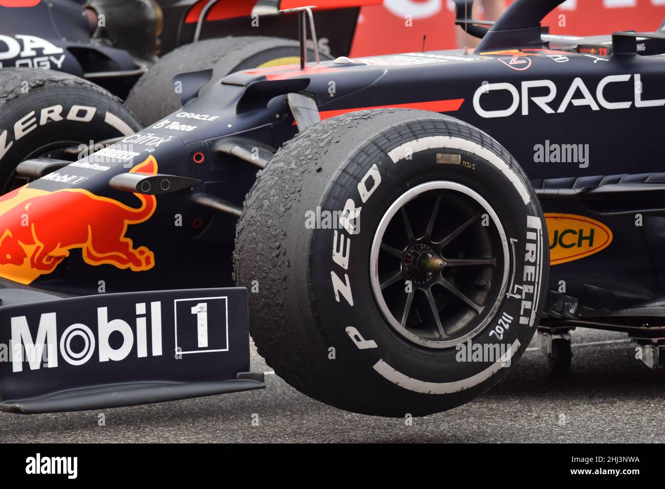 Max Verstappen's red bull at the end of French grand prix qualifying Stock Photo