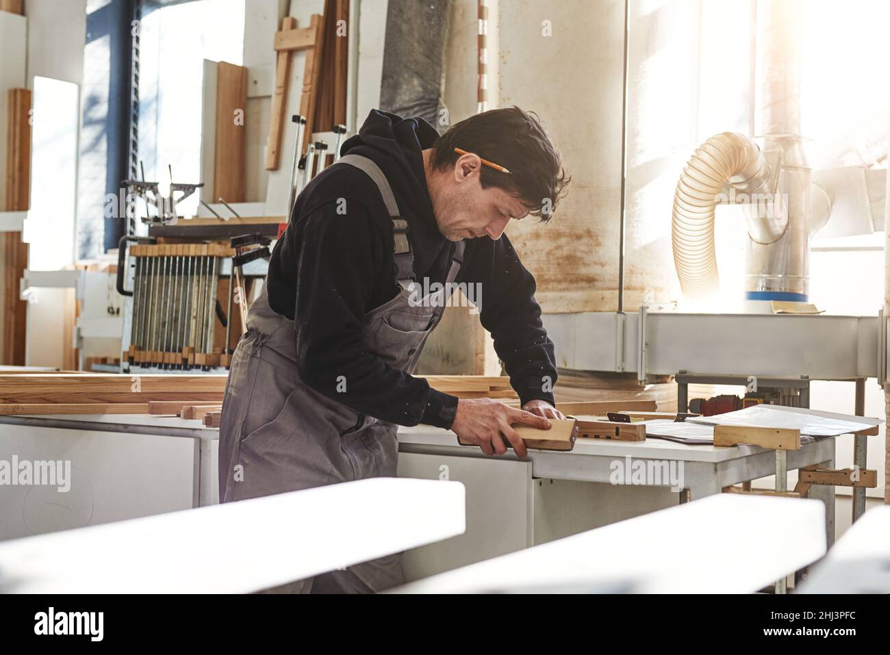 Portrait of carpenter polishing wooden board using sandpaper in the ...
