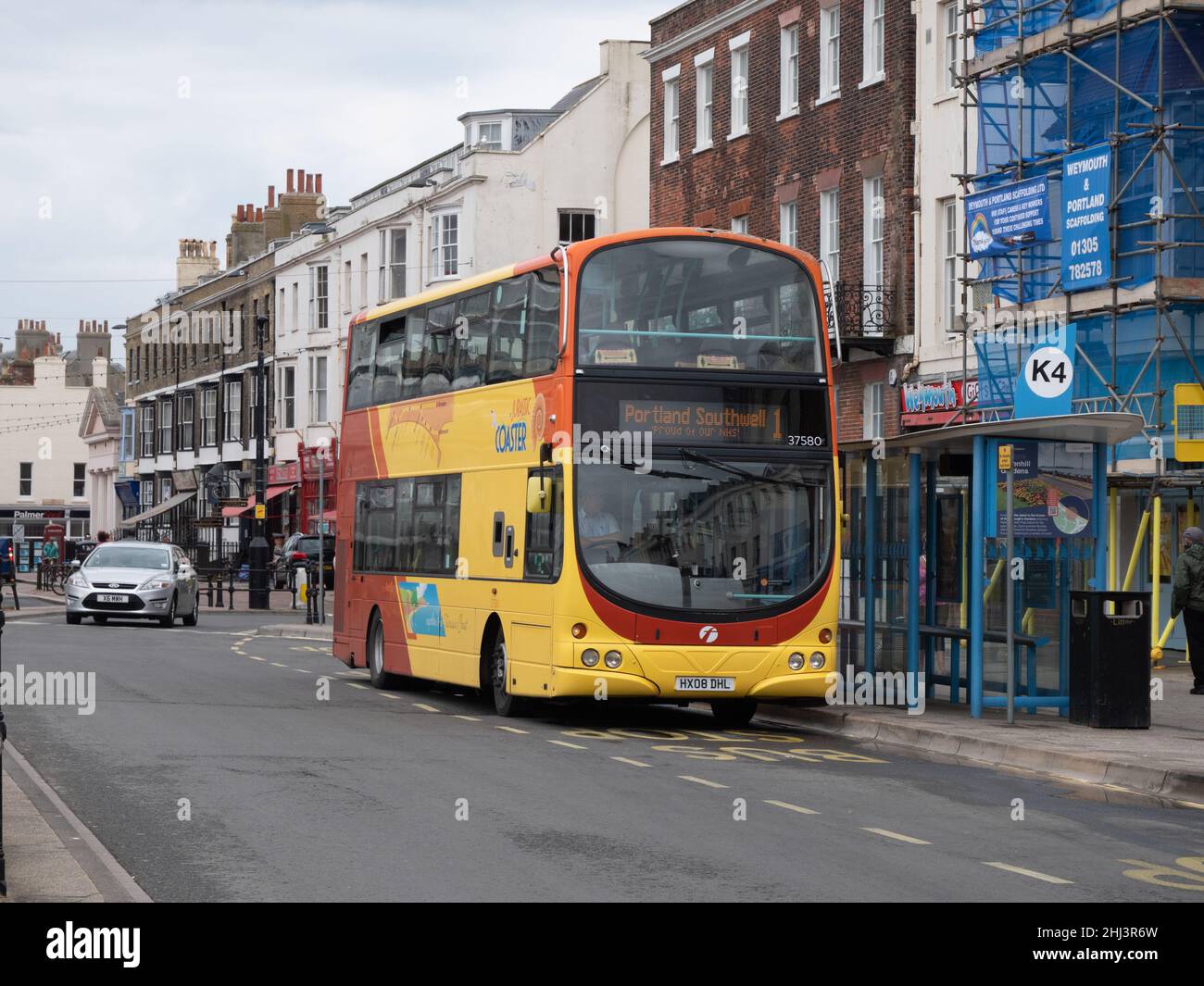 First Wessex Jurassic Coaster bus on the Esplanade at Weymouth Stock Photo