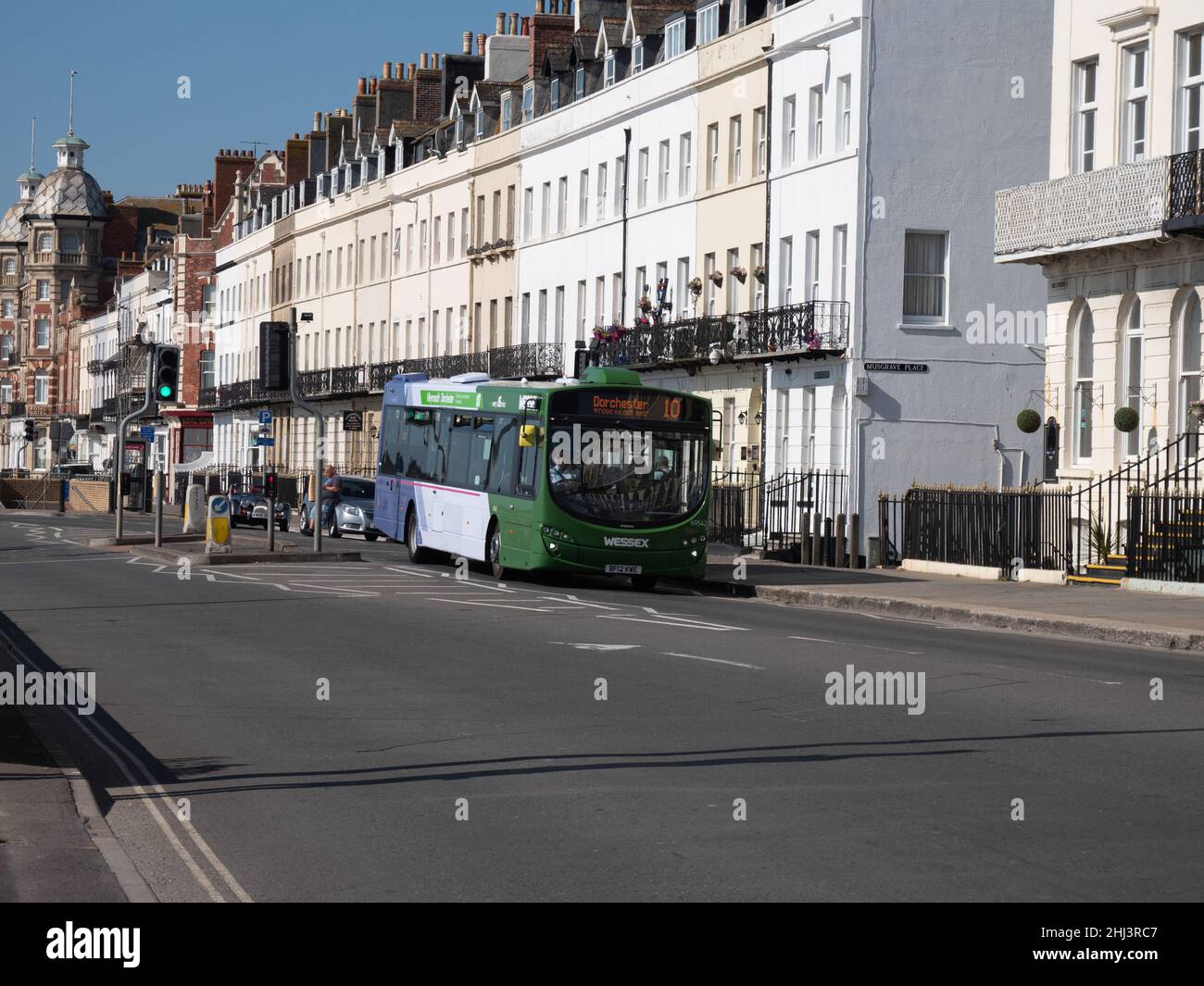 First Wessex bus on the Esplanade at Weymouth Stock Photo