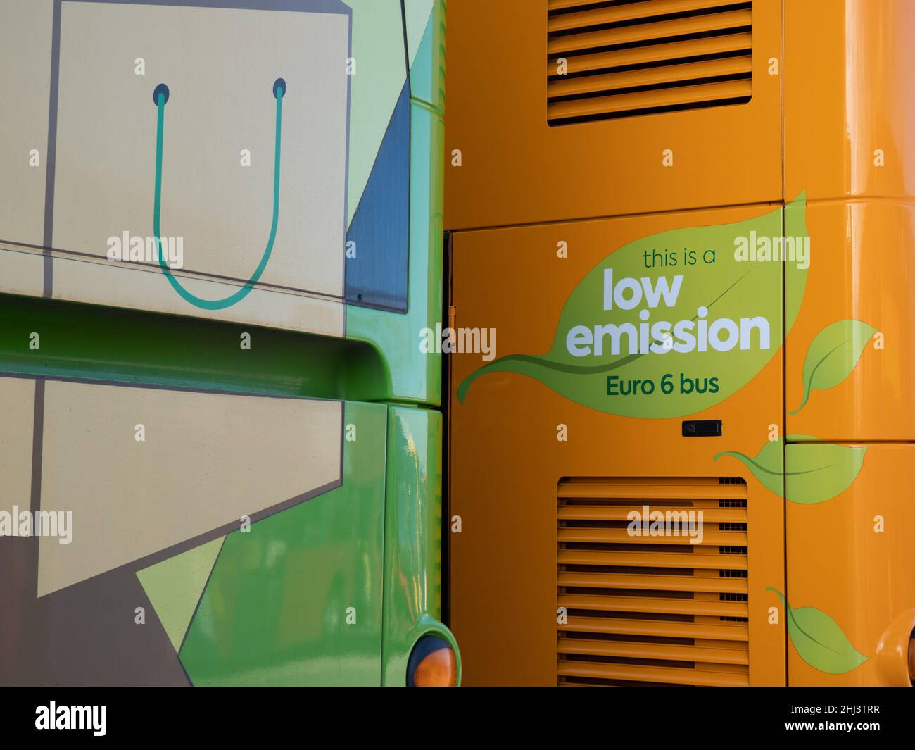Low Emission bus, detail / branding Stock Photo