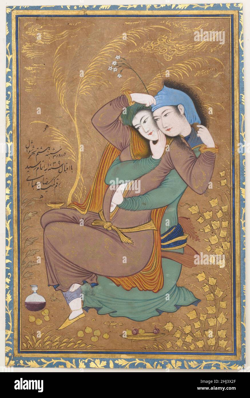 The Lovers dated A.H. 1039/ A.D. 1630 Painting by Riza-yi 'Abbasi The artist Riza‑yi 'Abbasi revolutionized Persian painting and drawing with his inventive use of calligraphic line and unusual palette. He painted The Lovers toward the end of a long, successful career at the Safavid court. The subject of a couple entwined reflects a newly relaxed attitude to sensuality introduced in the reign of Shah Safi (r. 1629–42). Here the figures are inextricably bound together, merged volumes confined within one outline.. The Lovers  451023 Stock Photo