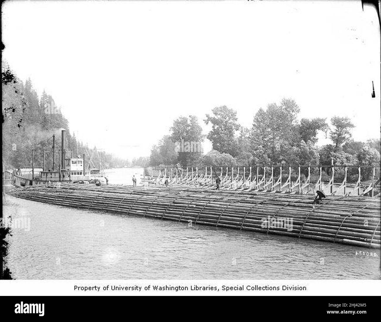 Sternwheel steamer pushing Benson raft away from cradle, Columbia River ...