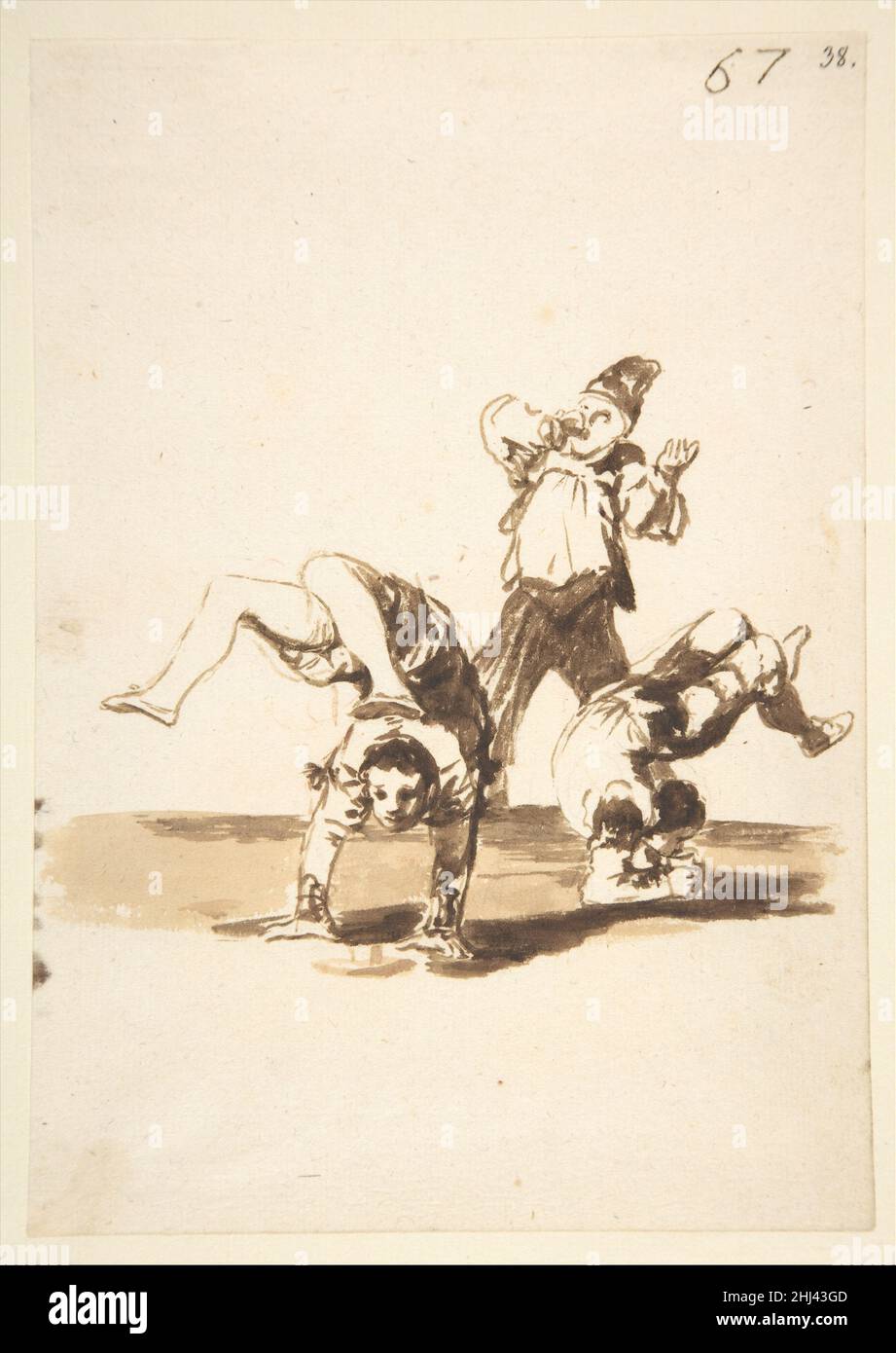 Three acrobats; page 67 from the 'Images of Spain' album (F) ca. 1812–20 Goya (Francisco de Goya y Lucientes) Spanish The elegance and freedom expressed in this drawing reveal Goya’s mastery of depicting the human form in countless poses. He first laid down light chalk marks, barely visible, as a guide to positioning the figures. The three acrobats adopt distinct poses, each involving a drinking vessel. Drinking was a subject Goya explored repeatedly, usually to convey the danger or the effects of inebriation. In the present sheet, we cannot tell if the acrobats are imbibing alcohol or if the Stock Photo