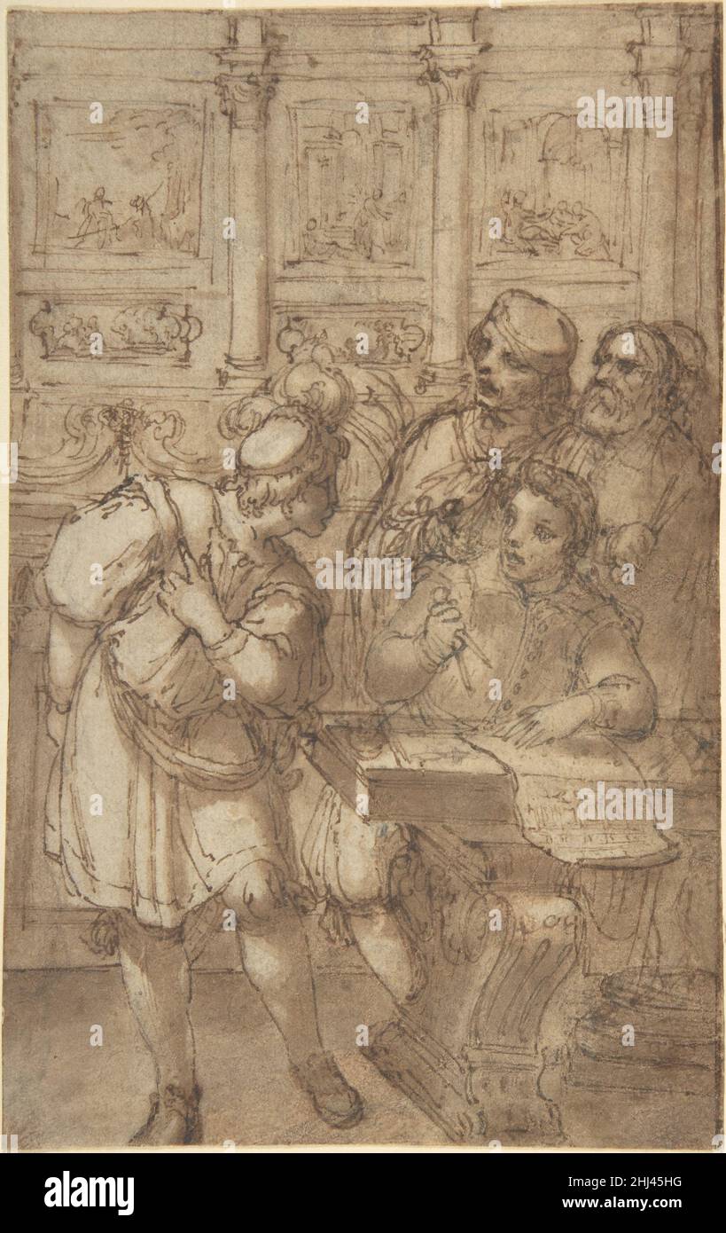 Architect in His Study Holding a Compass and Conversing with Three Men 17th century Attributed to Agostino Tassi Italian. Architect in His Study Holding a Compass and Conversing with Three Men  340538 Stock Photo