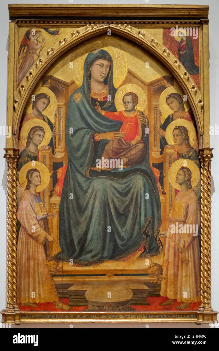 Master of Santa Cecilia,  active circa 1290 to 1320 in Florence and its environs; Madonna and Child Enthroned with Six Angels, 1320. Stock Photo