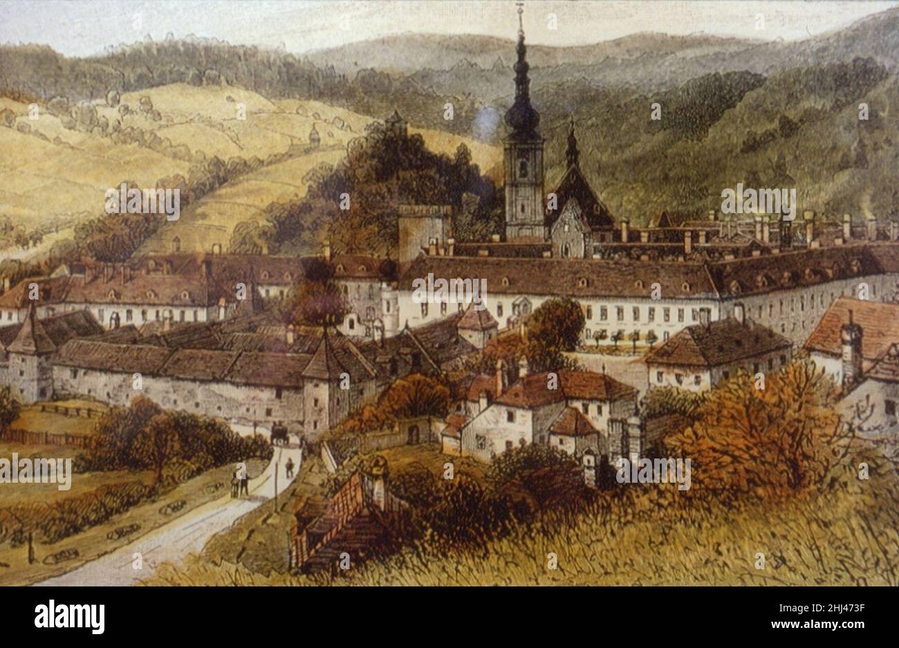 Stift Heiligenkreuz um 1885- kolorierter Holzstich von Perker und Tinter. Stock Photo
