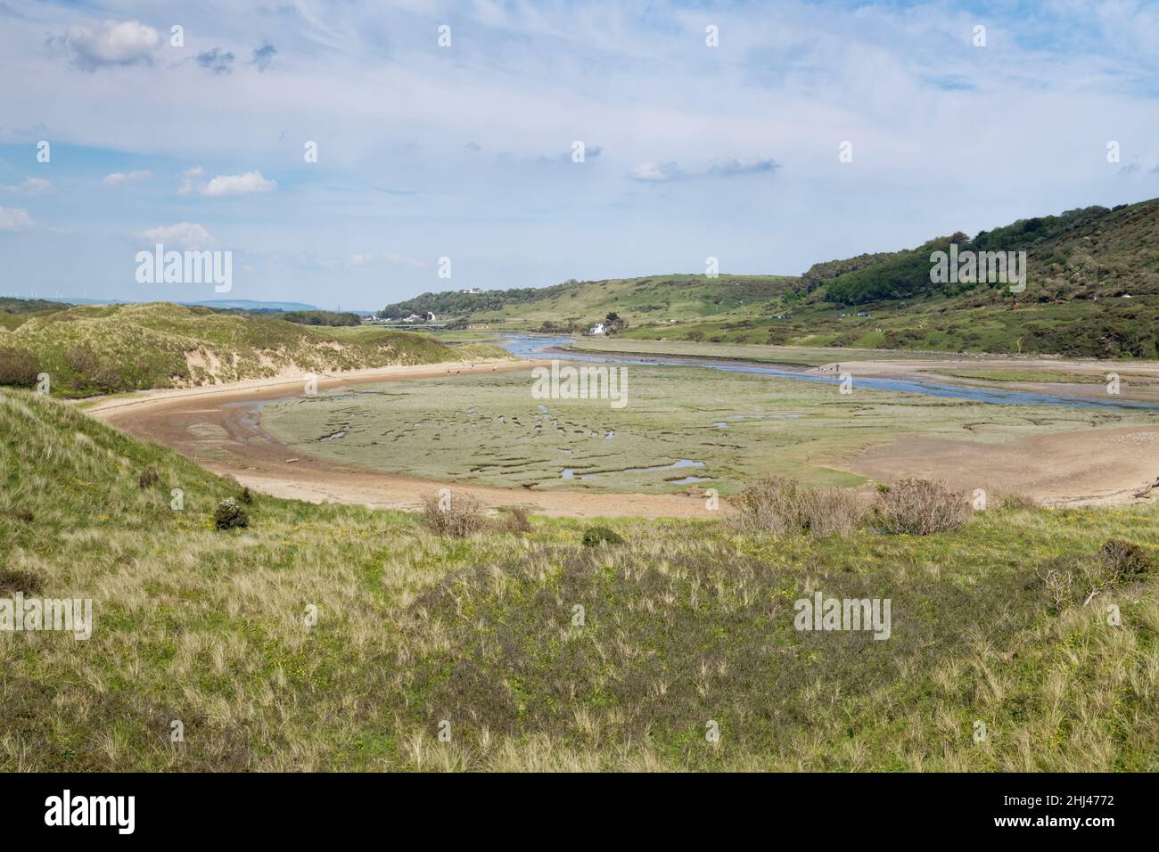 Sand dunes, Salt marshes and the Ogmore river viewed from the southwestern limit of the Merthyr Mawr Warren NNR sand dune complex on the near shore, G Stock Photo