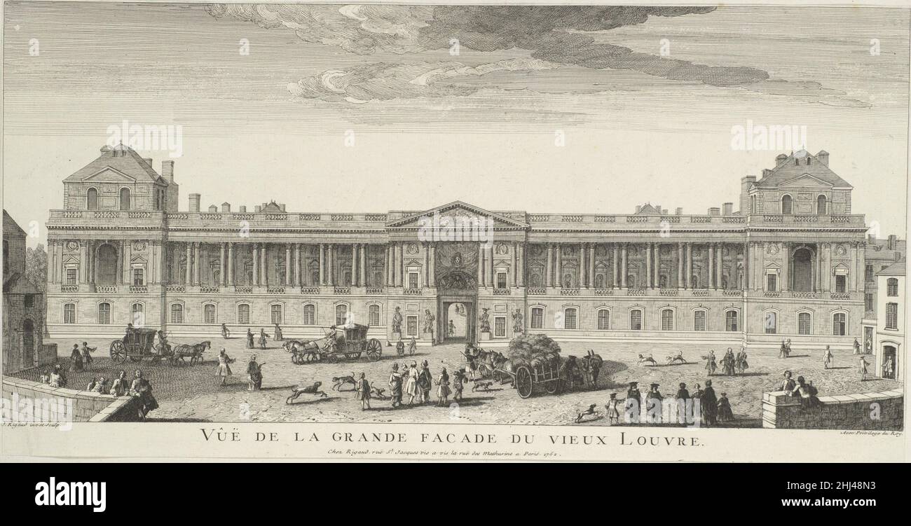 Vue de la Grande Façade du Vieux Louvre originally published 1729, inscribed 1752 Jacques Rigaud French In a striking horizontal print, one of a series of twenty-one views of Paris, Jacques Rigaud has depicted the long east facade of the Louvre, still a royal palace in the eighteenth century. Designed in the late 1660s by a team including Louis Le Vau, Charles Le Brun, and Claude Perrault, the facade demonstrates the majesty and authority of French Baroque architecture, which is notable for its classical grandeur, restrained ornament, and balanced proportions. As depicted by Rigaud, it is a mo Stock Photo