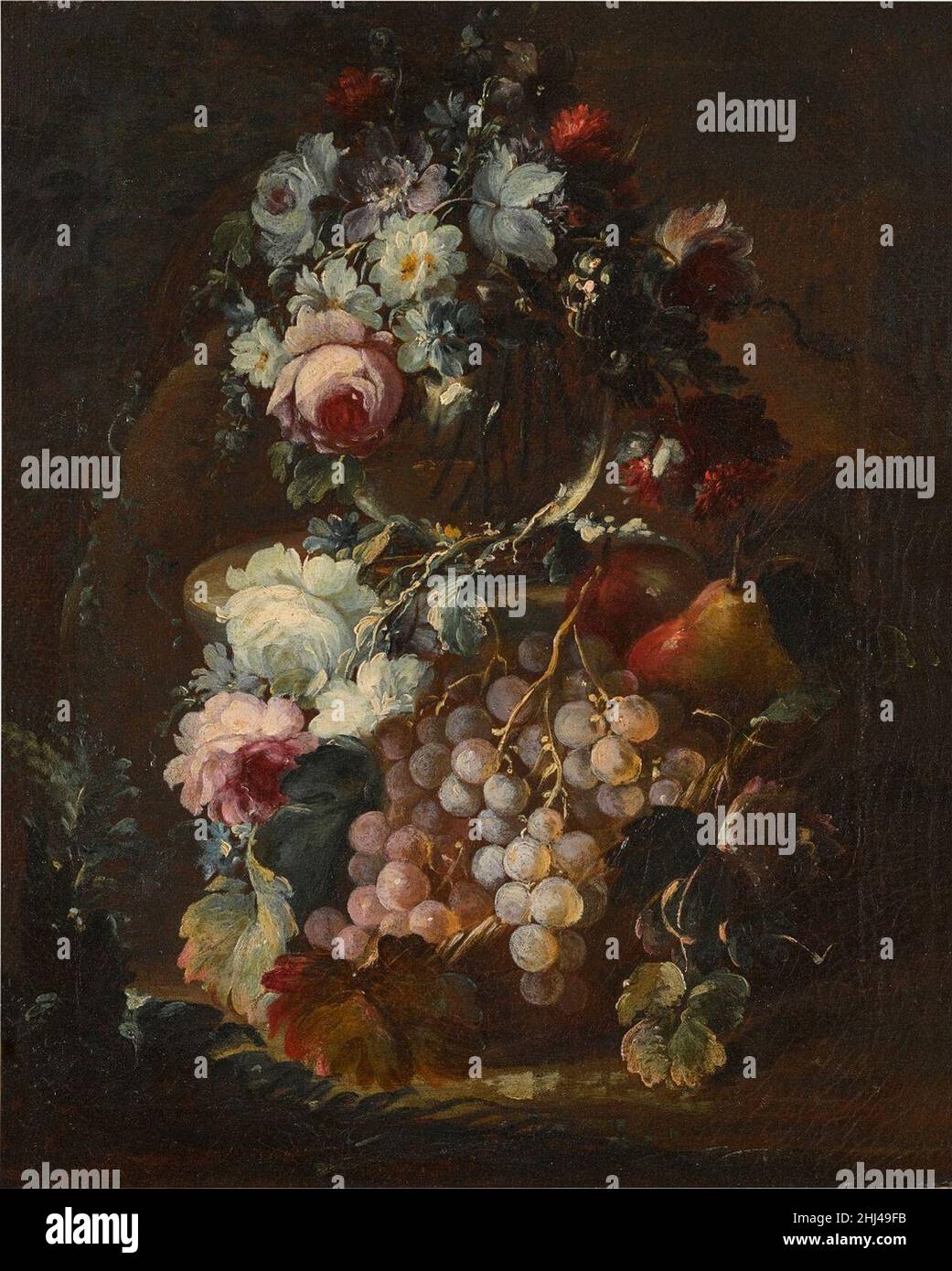 STILL LIFE OF FLOWERS IN A GLASS VASE, WITH GRAPES AND PEARS Stock ...