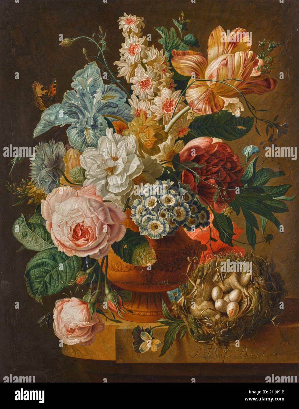 Still life of roses, an iris, a tulip and other flowers in an urn, on a ...