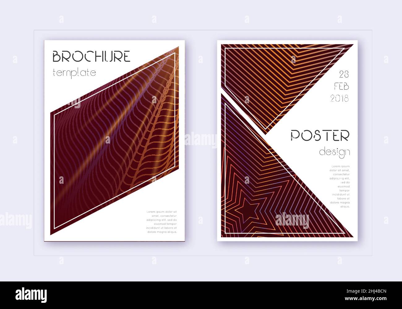 Triangle cover design template set. Orange abstract lines on wine red ...