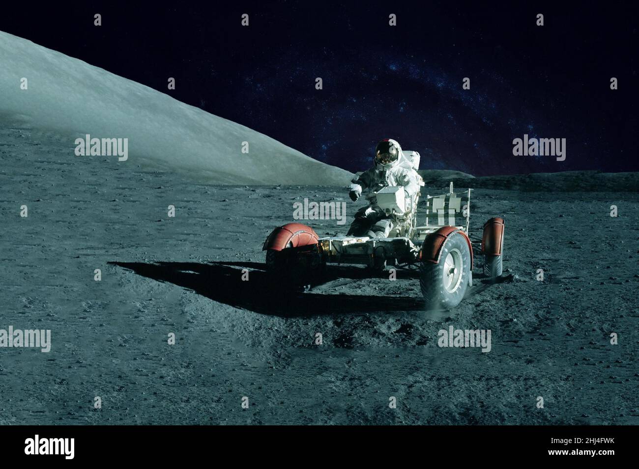 Astronaut near the moon rover on the moon. With land on the horizon ...