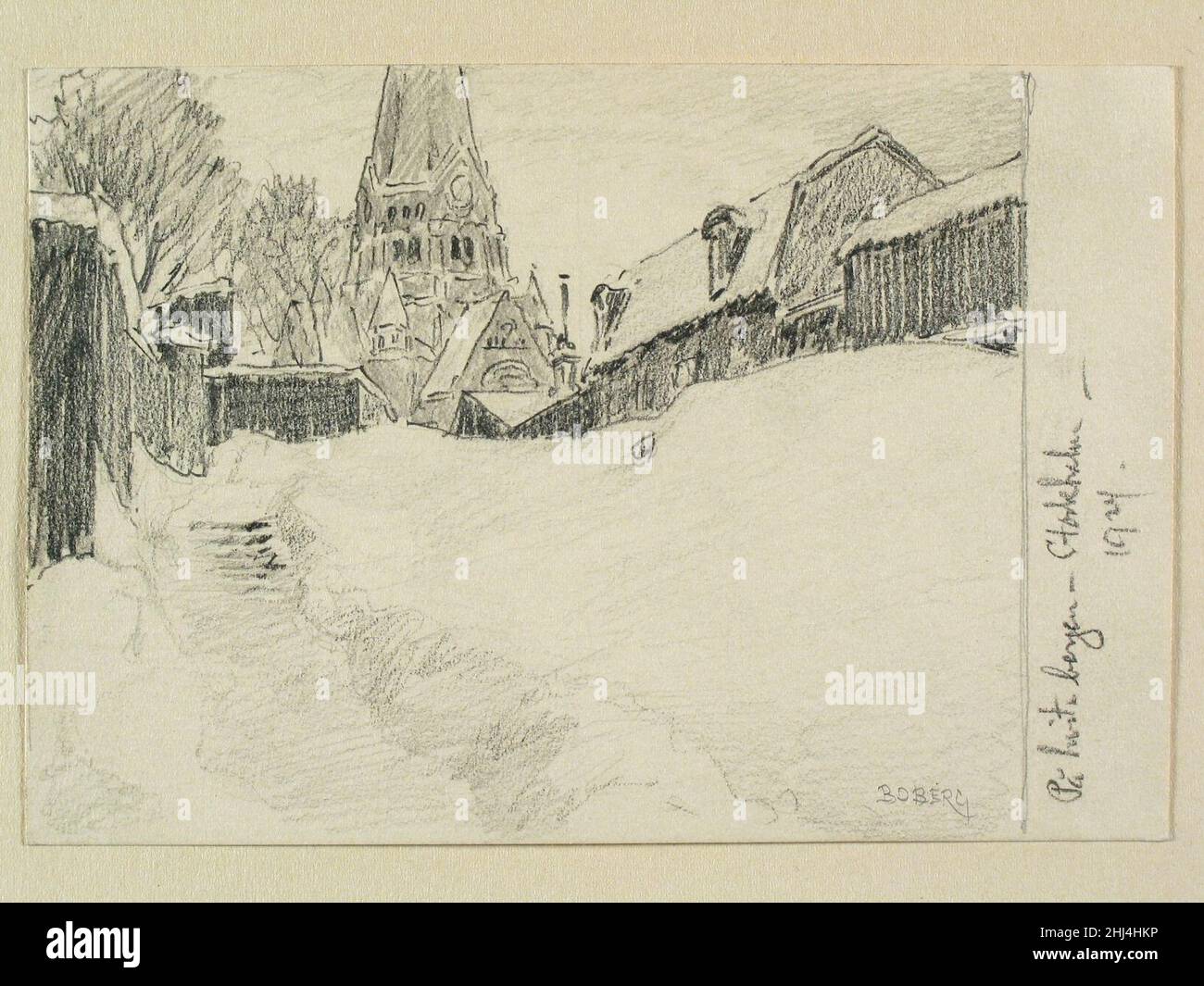 Stockholm, Södermalm, Vita bergen med Sofia kyrka , kringliggande bebyggelse och plank i snö Stock Photo