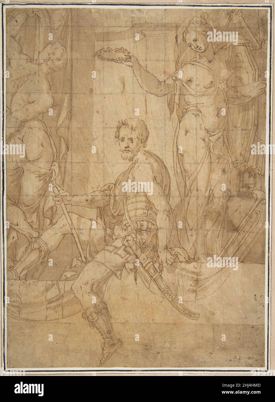 Seated Warrior Between Two Figures 1526–78 Giambattista Zelotti Italian. Seated Warrior Between Two Figures  345785 Stock Photo