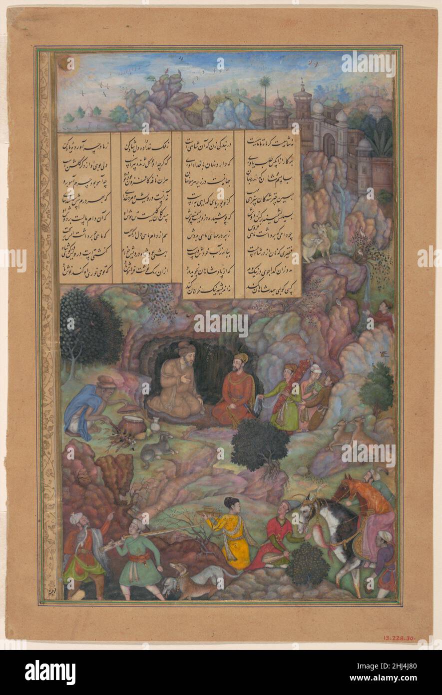'Alexander Visits the Sage Plato in his Mountain Cave', Folio from a Khamsa (Quintet) of Amir Khusrau Dihlavi 1597–98 Amir Khusrau Dihlavi The Khamsa of the Indian poet Amir Khusrau includes a section on the philosopher-king Alexander the Great, who in Khusrau’s telling of his life led expeditions to China, Russia, and the Western Isles, and also undertook quests of a spiritual dimension. Here, the turbaned king is seated on the right, listening to the sage Plato, who offers advice on rulership but also warns of Alexander’s impending death.. 'Alexander Visits the Sage Plato in his Mountain Cav Stock Photo
