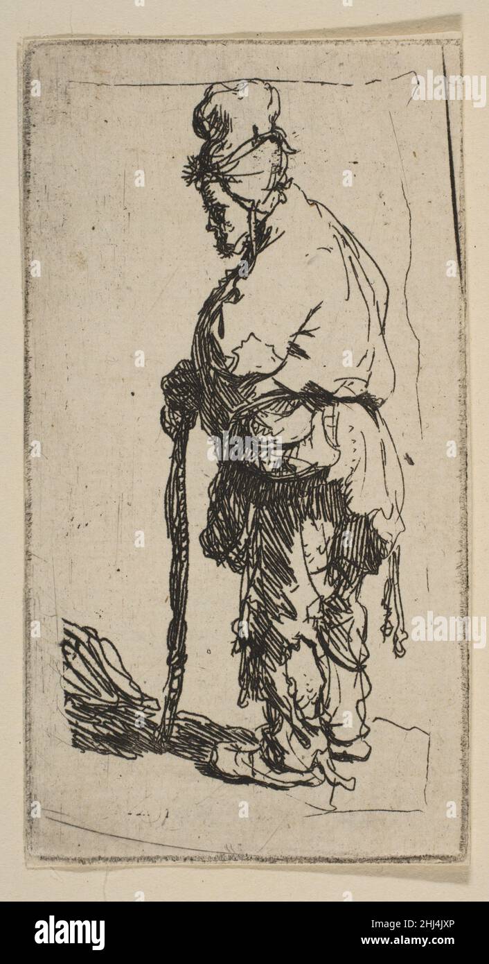 Beggar Leaning on a Stick, Facing Left ca. 1630 Rembrandt (Rembrandt van Rijn) Dutch Rembrandt made many small etchings of beggars. His alacrity with the etching needle is demonstrated in the way he captured the figure's stance and clothes with only a few quick, well-conceived lines.. Beggar Leaning on a Stick, Facing Left  364154 Stock Photo