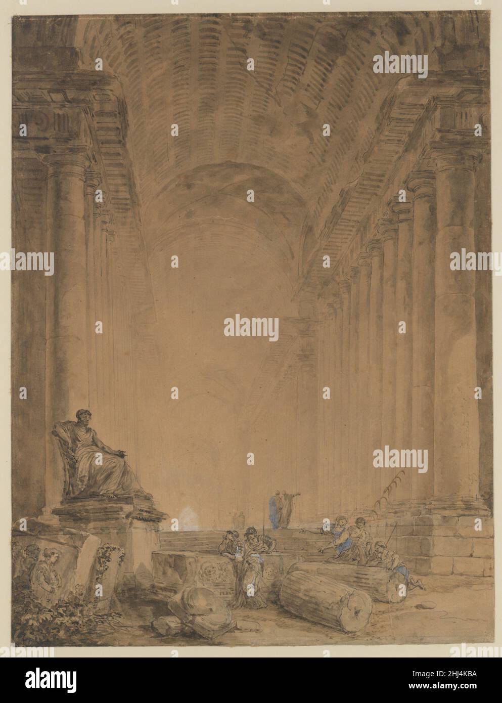 Figures in a Colonnade ca. 1780 Hubert Robert French Leaning on fragments of fallen columns or overturned entablatures, soldiers and peasants focus their regard on an ancient statue of a seated man. No attributes permit us to identify the sculpture, nor the time or location where the scene takes place. The vagueness was intentional, for Robert's aim was not historical veracity, but rather, to free the imagination of the viewer. His idealized vision of visitors exploring a vast ancient ruin is, conceived broadly, a glorification both of the past civilizations that built such structures and of t Stock Photo