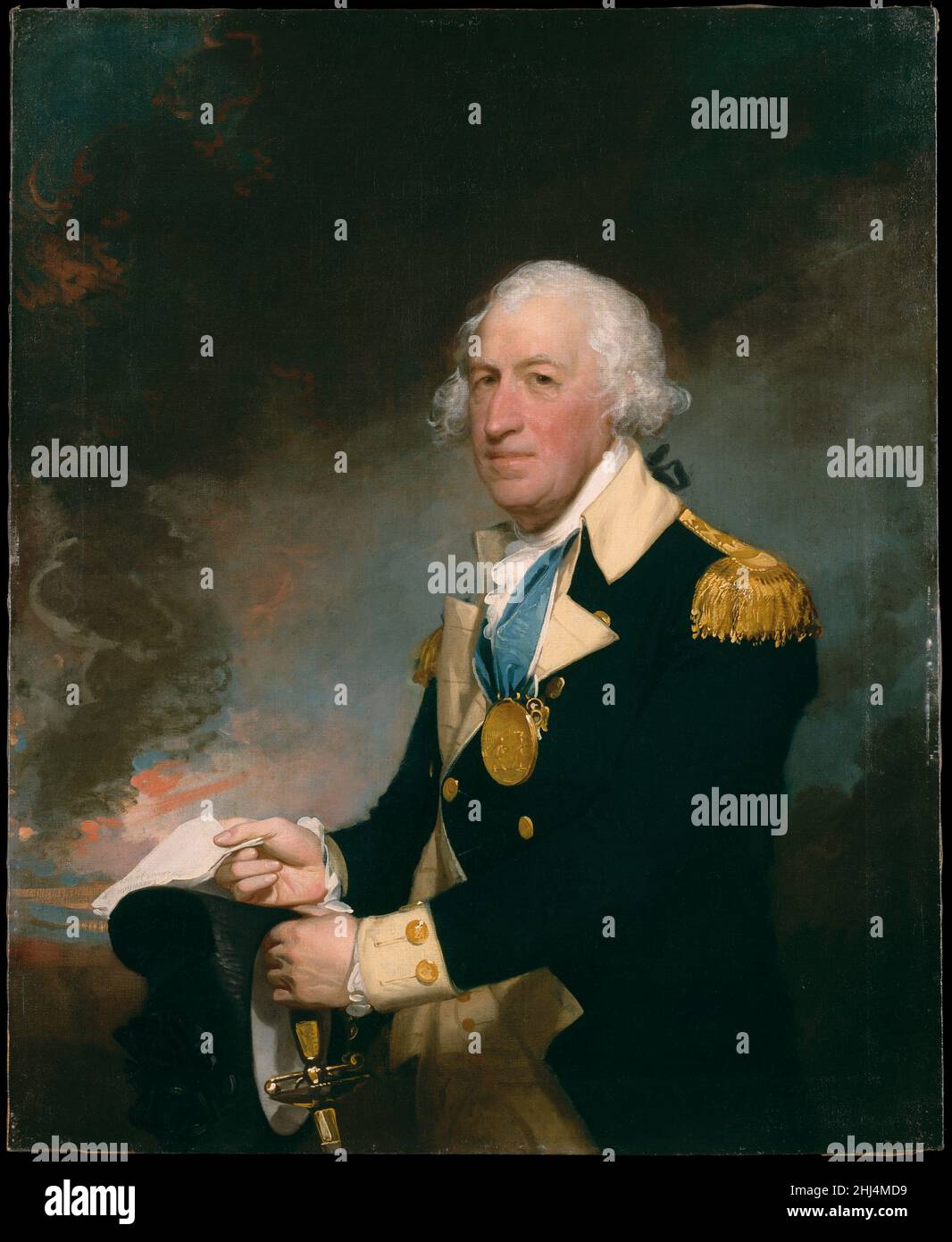 Horatio Gates ca. 1793–94 Gilbert Stuart American This portrait, representing Revolutionary War hero General Horatio Gates (1728–1806), was painted long after he led his troops to victory at the Battle of Saratoga in 1777. Although his military career was turbulent, the English-born Gates is represented in the uniform of a brigadier general, decorated with the medal that Congress ordered struck to commemorate his triumph at Saratoga. In his hand is a copy of the Saratoga Convention. The painting descended in the family of Gates' good friend, Colonel Ebenezer Stevens. The work is a blend of Stu Stock Photo