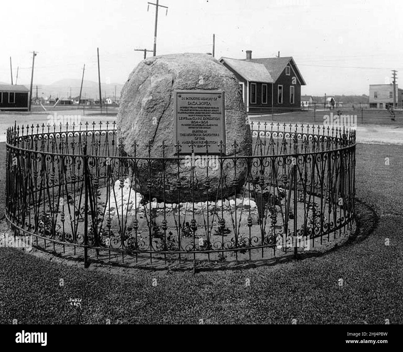 Stone and plaque at Three Forks, Montana, commemorating Sacagawea Stock