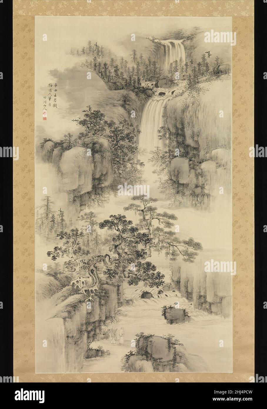 Landscape with Waterfall 1841 Nakabayashi Chikutō Japanese Chikutō painted this large landscape in the spirit of the Plum Blossom Daoist, the name given to the acclaimed Yuan-dynasty literati painter Wu Zhen (1280–1354). Chikutō’s diligent study of Chinese literati theory and technique, as expressed in printed treatises and manuals on painting, is evident here, particularly in his masterful rendering of the rocks using a combination of long, unaccented brushstrokes in pale, dry ink and staccato accents. Together with the darker horizontals of the distant pines and foliage, such brushwork deriv Stock Photo