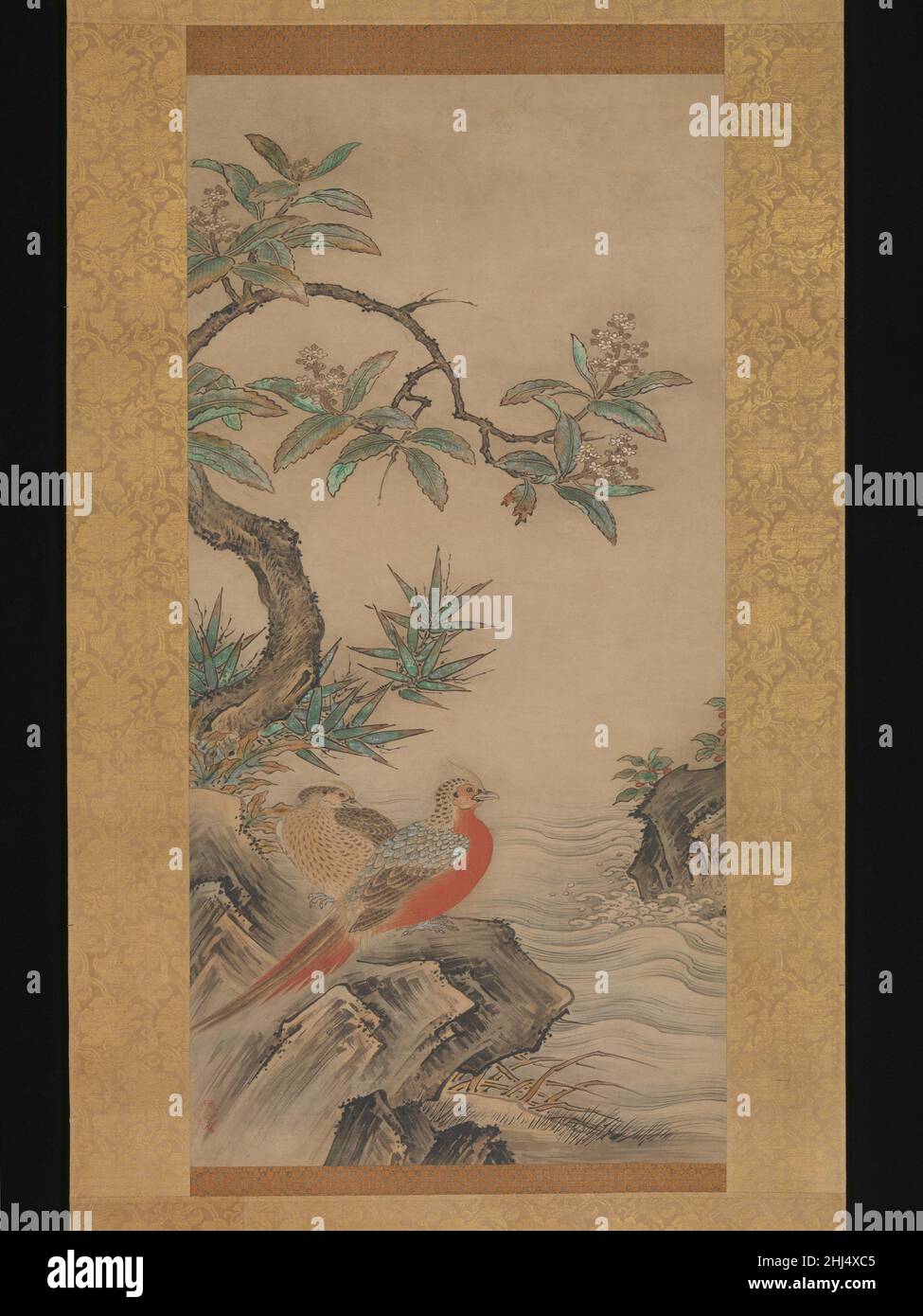 Pheasants among Trees: Flowers of the Four Seasons probably 1560s Kano Shōei Paired pheasants—symbols of imperial elegance—pose amid foliage representing all four seasons. Dandelions and violets in the right scroll suggest spring while a summertime azalea blooms nearby. The left scroll features an autumnal loquat and drying reeds alongside winter’s red-berried spear flowers. The pheasants’ plumage is highlighted in gold, befitting birds popularly associated with the deity Amaterasu, putative ancestress of the imperial family. Given this symbolic connection, this diptych may have been commissio Stock Photo
