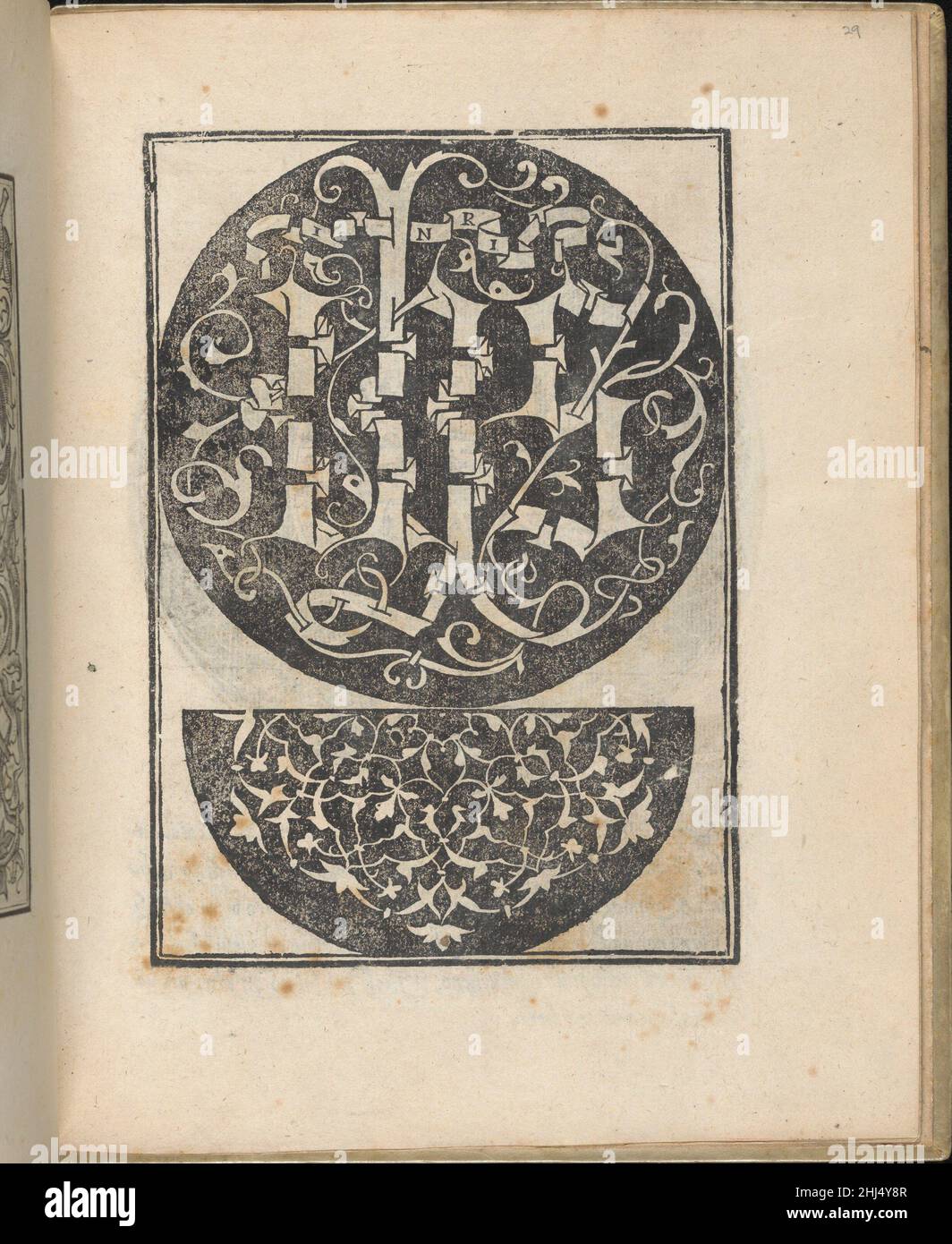 Trionfo Di Virtu. Libro Novo..., page 29 (verso) 1563 Matteo Pagano Italian Published by Matteo Pagano, Italian, 1515-1588, Venice.From top to bottom, and left to right:Design composed of 3 vertical columns. Left column is decorated with coiling vines of leaves. Middle column is left blank. Right column is decorated with a curving branch of leaves.. Trionfo Di Virtu. Libro Novo..., page 29 (verso)  662279 Stock Photo