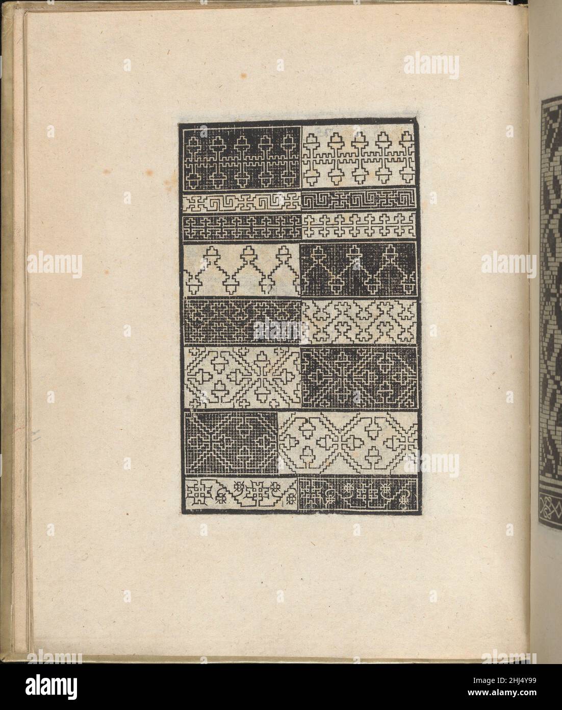 Trionfo Di Virtu. Libro Novo..., page 5 (verso) 1563 Matteo Pagano Italian Published by Matteo Pagano, Italian, 1515-1588, Venice.From top to bottom, and left to right:Design composed of 8 horizontal registers that are decorated with a different foliage or geometric pattern. Each half-register is characterized by either a black or white background, thus creating a checkerboard background for the entire design.. Trionfo Di Virtu. Libro Novo..., page 5 (verso)  662224 Stock Photo