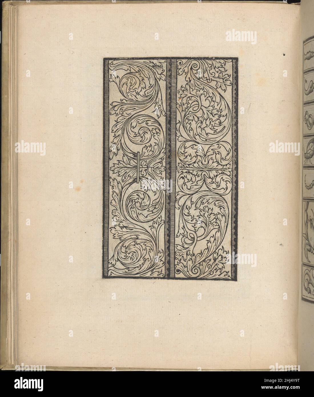 Trionfo Di Virtu. Libro Novo..., page 23 (recto) 1563 Matteo Pagano Italian Published by Matteo Pagano, Italian, 1515-1588, Venice.From top to bottom, and left to right:Design composed of 2 vertical columns. Left column is divided into 2 halves; each half is decorated with a different pattern of coiling leaves. Right column is decorated with 4 coiling branches with leaves.. Trionfo Di Virtu. Libro Novo..., page 23 (recto)  662260 Stock Photo