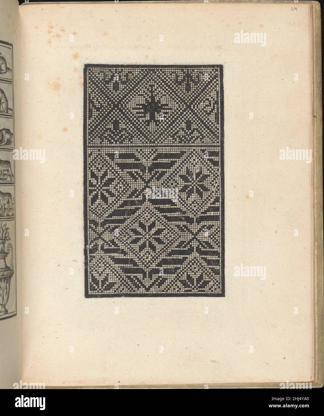 Trionfo Di Virtu. Libro Novo..., page 24 (verso) 1563 Matteo Pagano Italian Published by Matteo Pagano, Italian, 1515-1588, Venice.From top to bottom, and left to right:Design composed of 6 horizontal registers that consist of rectangles of diverse sizes. The rectangles that make up the first 5 registers are all illustrated with different animals and fantastical creatures. The sixth register is decorated with 3 different ornamented vases.. Trionfo Di Virtu. Libro Novo..., page 24 (verso)  662266 Stock Photo