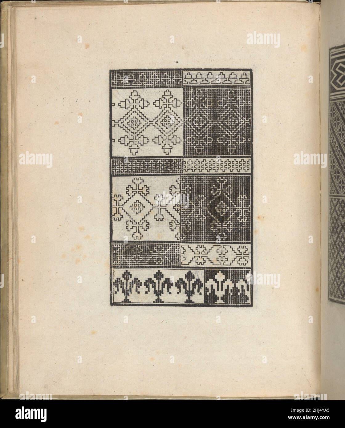 Trionfo Di Virtu. Libro Novo..., page 10 (verso) 1563 Matteo Pagano Italian Published by Matteo Pagano, Italian, 1515-1588, Venice.From top to bottom, and left to right:Design composed of 6 horizontal registers that are each divided into halves. Each register is decorated with a different linear or foliage pattern, half of which is printed upon a black gridded background and the other half is printed upon a solid white background.. Trionfo Di Virtu. Libro Novo..., page 10 (verso)  662234 Stock Photo