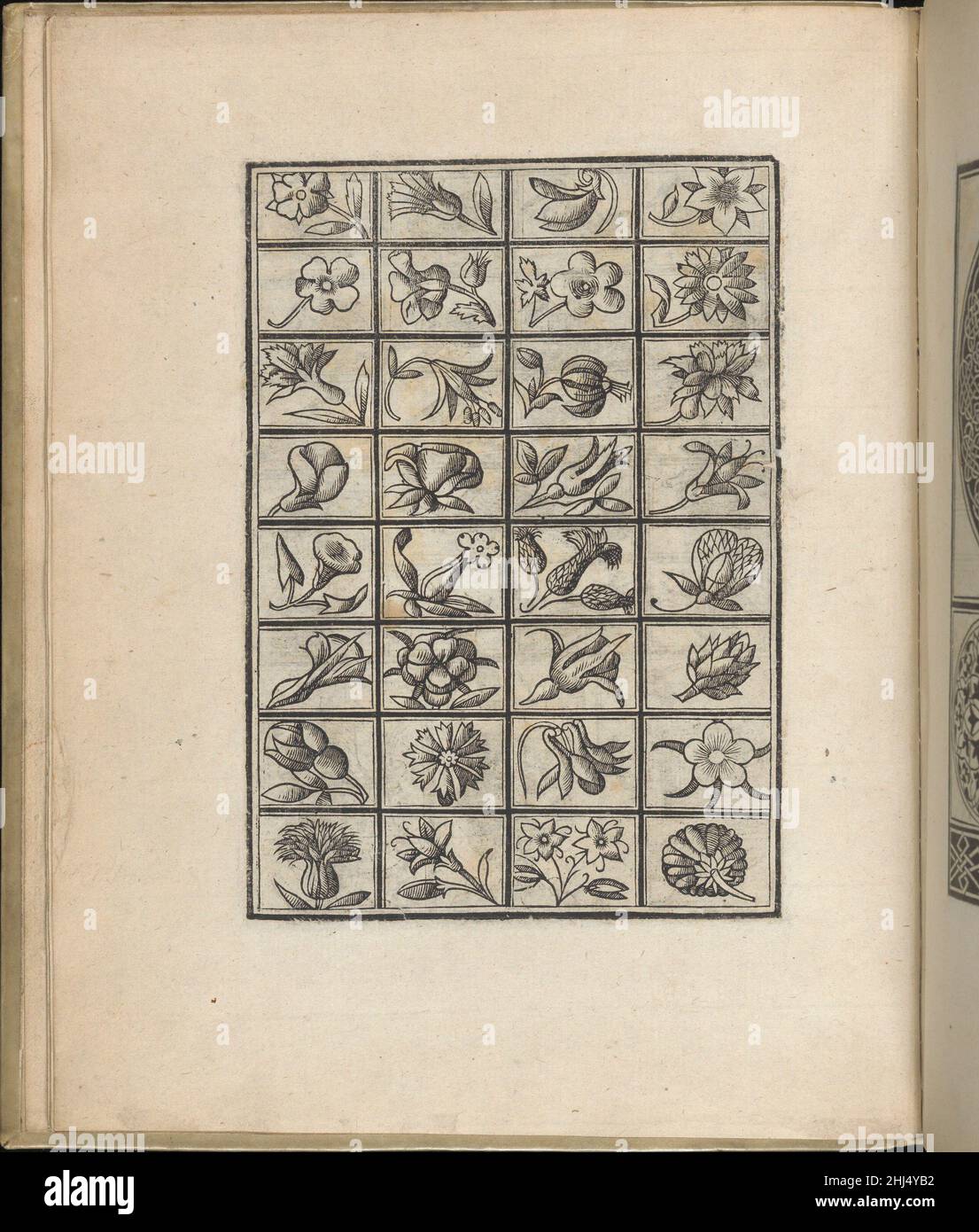 Trionfo Di Virtu. Libro Novo..., page 3 (verso) 1563 Matteo Pagano Italian Published by Matteo Pagano, Italian, 1515-1588, Venice.From top to bottom, and left to right:Design composed of 8 horizontal registers. Each register is decorated with 4 rectangles that are each ornamented with an illustration of a different flower.. Trionfo Di Virtu. Libro Novo..., page 3 (verso)  662220 Stock Photo